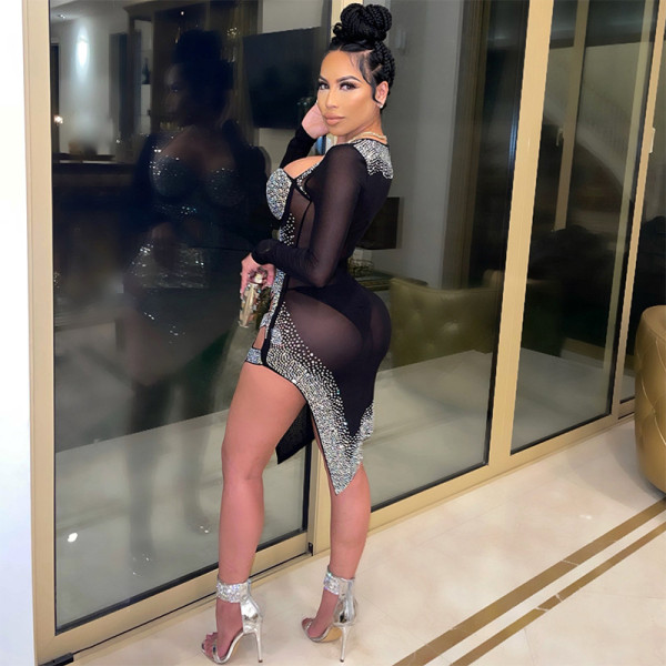 Nightclub style sexy hot rhinestone see-through bag hip irregular dress women