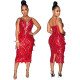 Fashion sexy V-neck strap solid color festive red split hip dress