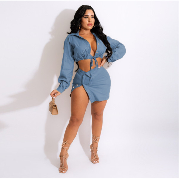Lace Up Irregular Short Skirt Two-piece Fashion Ladies' Dress