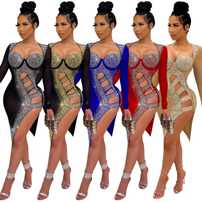 Nightclub style sexy hot rhinestone see-through bag hip irregular dress women