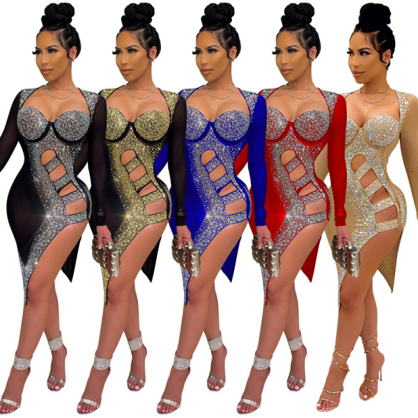 Nightclub style sexy hot rhinestone see-through bag hip irregular dress women