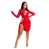 Fashion sexy hollow side slit irregular waist bag hip dress