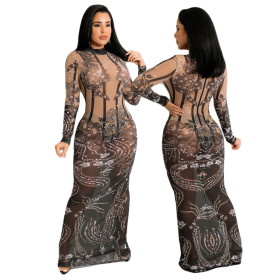 Net yarn digital pearl printing fashion sexy ladies dress