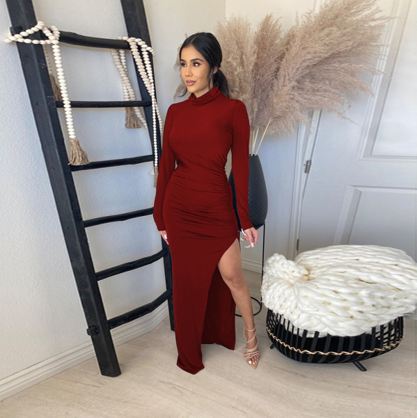 Pure color pleated hem slit fashion sexy women's dress