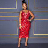 Fashion sexy V-neck strap solid color festive red split hip dress