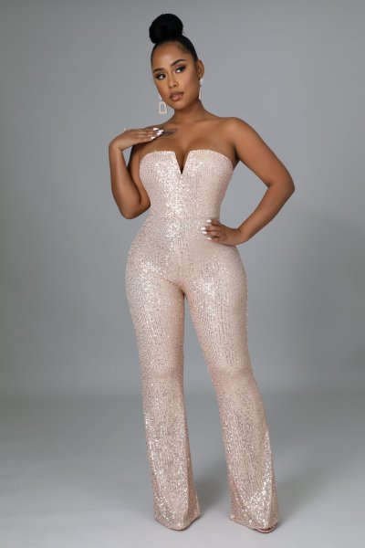 Sexy tube top V-neck one-piece wide-leg pants women's fashion sequined nightclub style