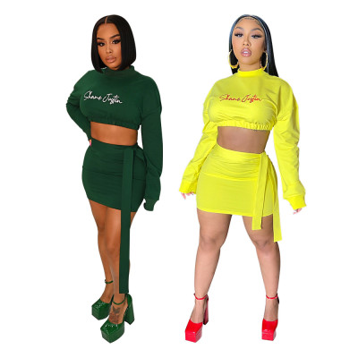 Fashion sexy two-piece jacket + skirt solid color casual leaky umbilical outfit