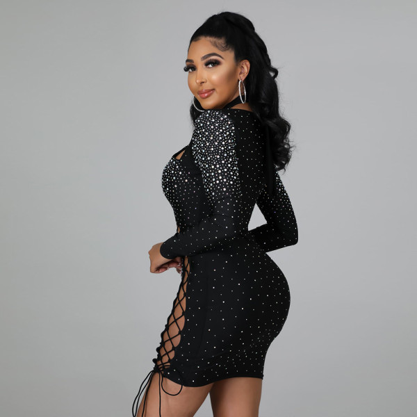 Sexy hollow bag hip A-line dress female fashion long-sleeved slim body hot diamond new style
