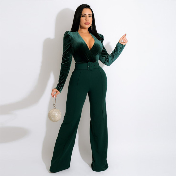 V-neck solid color lace-up fashion women's jumpsuit