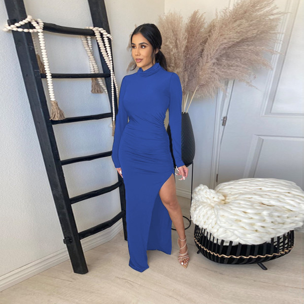 Pure color pleated hem slit fashion sexy women's dress