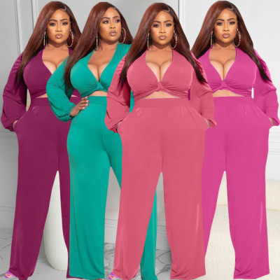 Fashion plus size women's Amazon cross-border solid color bow tie two-piece suit