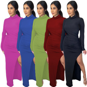 Pure color pleated hem slit fashion sexy women's dress