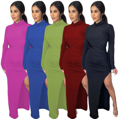 Pure color pleated hem slit fashion sexy women's dress