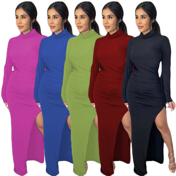 Pure color pleated hem slit fashion sexy women's dress