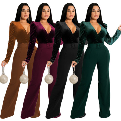 V-neck solid color lace-up fashion women's jumpsuit