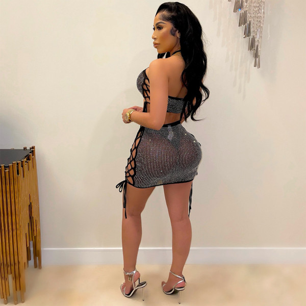 Fashion sexy hollow halter neck ladies nightclub style package hips show two-piece figure