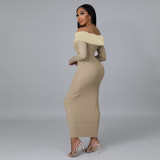 Flannel stitching pit strip straight shoulder long-sleeved slim fit hip A-line dress women
