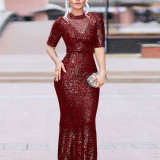 Fashion sexy round neck large size sequined hip dress winter new 5-point sleeves