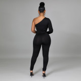 Sexy sexy sloping shoulder leaking shoulder perspective tight-fitting hip jumpsuit new