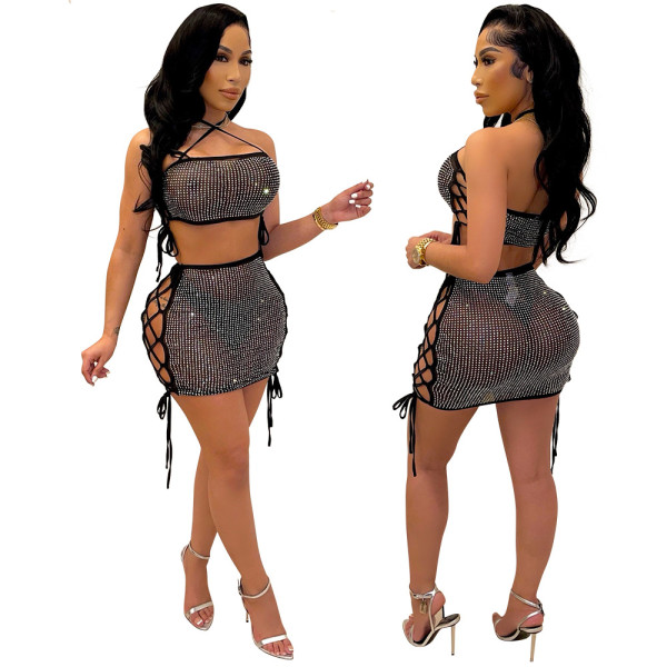 Fashion sexy hollow halter neck ladies nightclub style package hips show two-piece figure