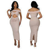 Fashion sexy one-word shoulder wrap chest hollow back split solid color dress