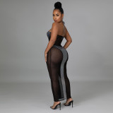 Lace hot silver cloth stitching see-through polyester mesh sleeveless long sexy dress female one piece