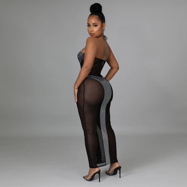 Lace hot silver cloth stitching see-through polyester mesh sleeveless long sexy dress female one piece