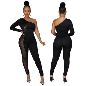 Sexy sexy sloping shoulder leaking shoulder perspective tight-fitting hip jumpsuit new