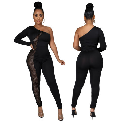 Sexy sexy sloping shoulder leaking shoulder perspective tight-fitting hip jumpsuit new