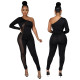 Sexy sexy sloping shoulder leaking shoulder perspective tight-fitting hip jumpsuit new