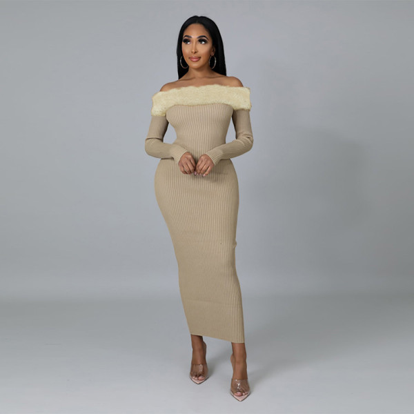 Flannel stitching pit strip straight shoulder long-sleeved slim fit hip A-line dress women