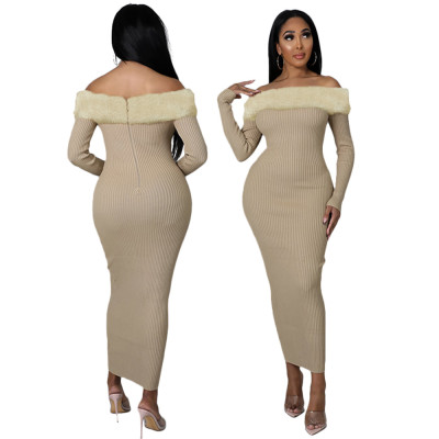 Flannel stitching pit strip straight shoulder long-sleeved slim fit hip A-line dress women