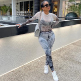 Explosive style mesh printed blouse milk silk printed trousers two-piece suit