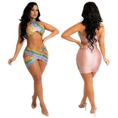 Fashion sexy hollow hanging neck leaking umbilical leaking backpack hip dress