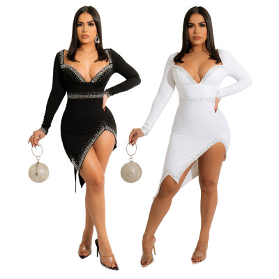 Fashion Sexy V-neck Irregular Split Rhinestone Mid-Waist Dress Long Sleeve