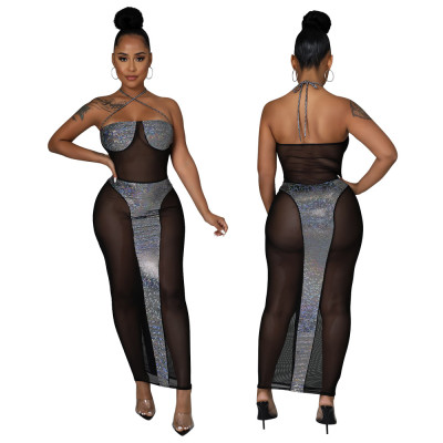Lace hot silver cloth stitching see-through polyester mesh sleeveless long sexy dress female one piece