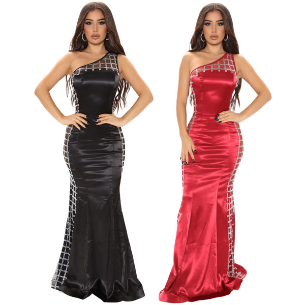 Fashion sexy sloping shoulder one-shoulder bag hips show body slimming hot rhinestone dress