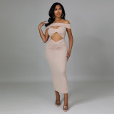 Fashion sexy one-word shoulder wrap chest hollow back split solid color dress