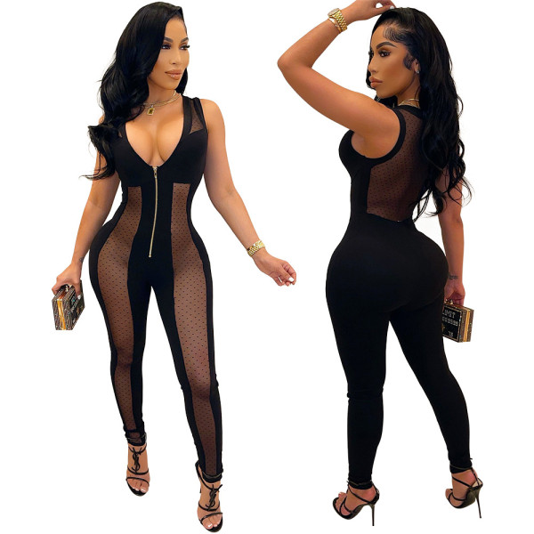 Fashion sexy deep v zipper sleeveless perspective bag hip jumpsuit winter new style