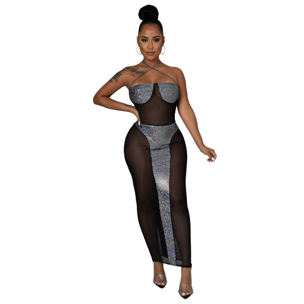 Lace hot silver cloth stitching see-through polyester mesh sleeveless long sexy dress female one piece