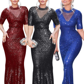 Fashion sexy round neck large size sequined hip dress winter new 5-point sleeves