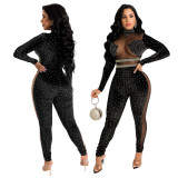 Fashion casual perspective hot drilling velvet texture jumpsuit temperament commuting