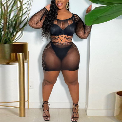 Fashion sexy round neck perspective polyester mesh hollow large size dress women