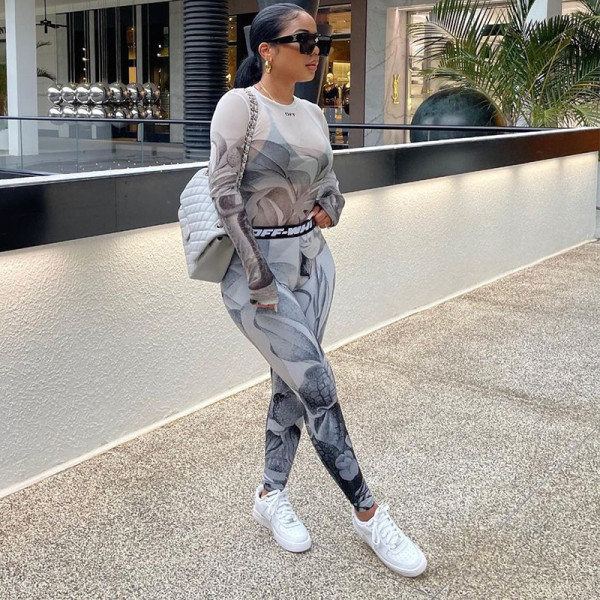 Explosive style mesh printed blouse milk silk printed trousers two-piece suit