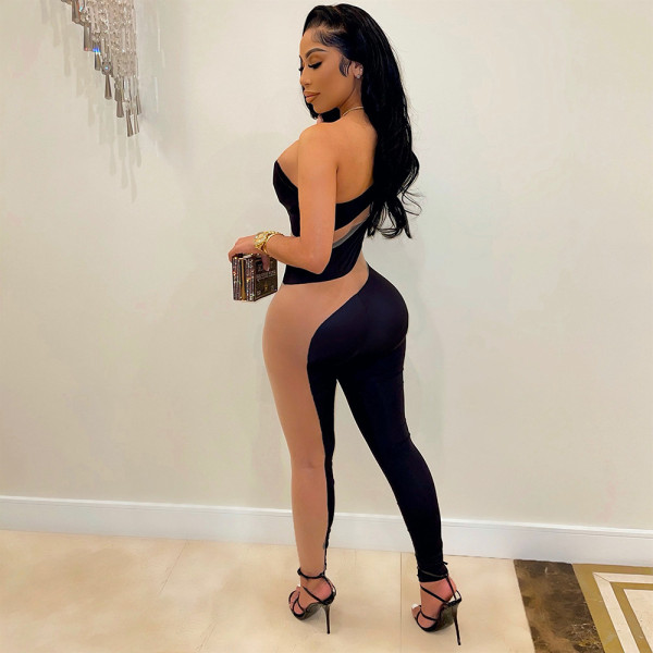 Fashionable sexy oblique shoulder tight-fitting see-through jumpsuit reveals a slim figure new style