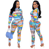 Sexy casual all-match printed light blue two-piece jacket + pants new