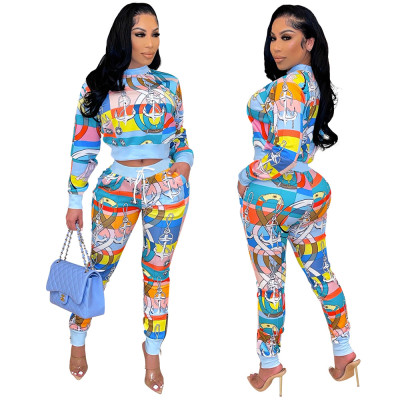 Sexy casual all-match printed light blue two-piece jacket + pants new