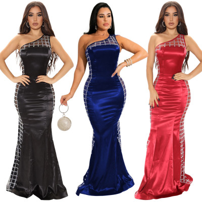 Fashion sexy sloping shoulder one-shoulder bag hips show body slimming hot rhinestone dress