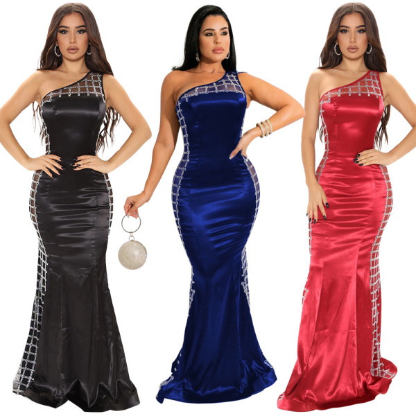 Fashion sexy sloping shoulder one-shoulder bag hips show body slimming hot rhinestone dress