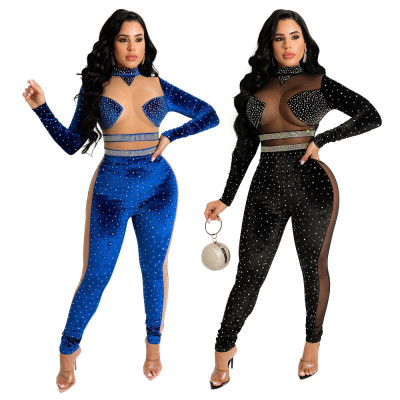 Fashion casual perspective hot drilling velvet texture jumpsuit temperament commuting